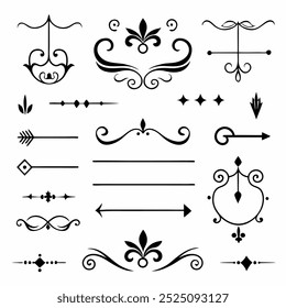 Rome Style Calligraphic Design Elements Ornate Dividers and Headpieces Set vector illustration.