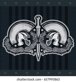 Rome sword between two Spartan helmets into olive branches. Heraldic vintage label on blackboard