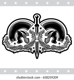 Rome sword between two Spartan helmets into olive branches. Heraldic vintage label on white