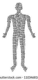 Rome text human figure. Vector rome text icons are arranged into male combination.