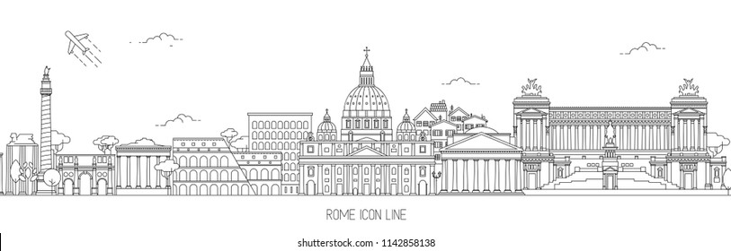 Rome Thin Line Skyline Vector Illustration with the most iconic landmarks of the Eternal City.