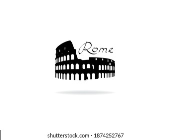 Rome travel landark Coliseum. Italian famous place Coliseum silhouette icon with handwritten Lettering Rome.