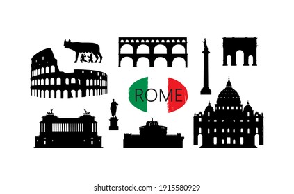 Un hito en Roma. Iconos de silueta de lugares famosos de Italia. Arquitectura, construcción, arco, monumento, romano, escultura, principales señas turísticas