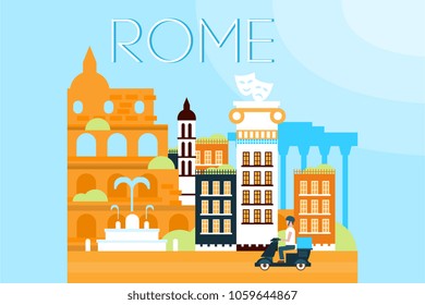 Rome, travel landmarks, city architecture vector illustration in flat style