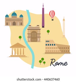 Rome. Travel map and vector landscape of buildings and famous landmarks. Vector illustration.