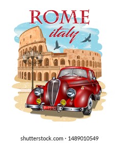 Rome typography for t-shirt print with Colosseum and retro car.Vintage poster.