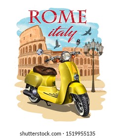 Rome typography for t-shirt print with Colosseum and retro scooter.Vintage poster.