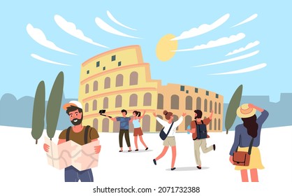 Rome Vector Coliseum With Tourists. Travel Theme Cartoon People.