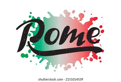 Roma. Grabado de la mano del vector. Italia. Letras negras sobre el fondo acuarela con colores nacionales blanco y rojo verde y textura. Ilustración de viaje para folletos de calendarios de tarjetas. 