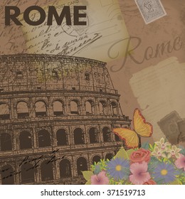 Rome vintage poster on nostalgic retro background with old post cards, letters and Colosseum, vector illustration