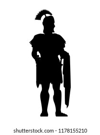 Rome warrior with his weapon isolated vector. Fighter silhouette on white background.