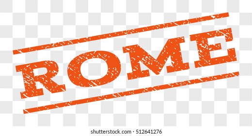 Rome watermark stamp. Text caption between parallel lines with grunge design style. Rubber seal stamp with dirty texture. Vector orange color ink imprint on a chess transparent background.