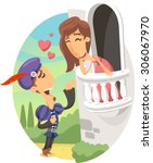 romeo and Juliet balcony scene vector cartoon illustration