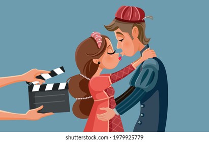 Romeo and Juliet Movie Adaptation Vector Illustration. Production team filming a historical medieval cinema masterpiece
