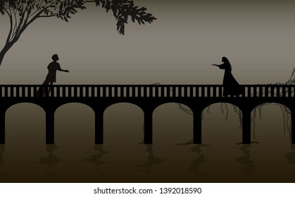 Romeo And Juliet Shakespeare`s Play, Date, Verona Bridge Silhouette, Love Story, Vector