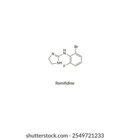 Romifidine flat skeletal molecular structure Alpha-2 Agonist drug used in veterinary analgesia treatment. Vector illustration scientific diagram.