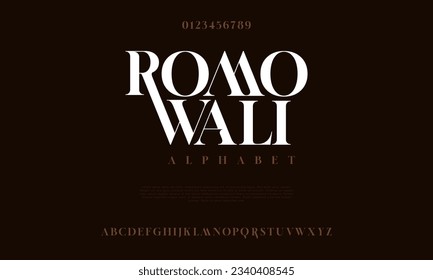 Romowali premium luxury elegant alphabet letters and numbers. Elegant wedding typography classic serif font decorative vintage retro. Creative vector illustration