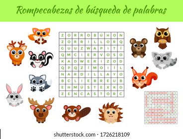 Rompecabezas de búsqueda de palabras - Word search puzzle. Educational game for study Spanish words. Kids activity worksheet colorful printable version with answers. Vector stock illustration