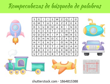 Rompecabezas de búsqueda de palabras - Rompecabezas de búsqueda de palabras. Juego educativo para estudiar palabras en español. Hoja de trabajo de actividad infantil versión imprimible colorida con respuestas. Ilustración de material vectorial