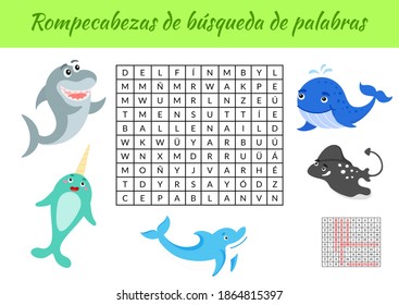 Rompecabezas de búsqueda de palabras - Rompecabezas de búsqueda de palabras. Juego educativo para estudiar palabras en español. Hoja de trabajo de actividad infantil versión imprimible colorida con respuestas. Ilustración de material vectorial