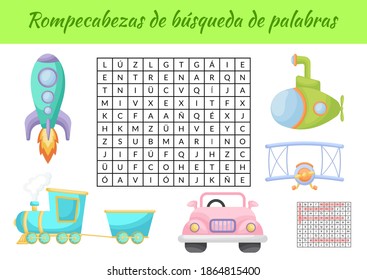 Rompecabezas de búsqueda de palabras - Word search puzzle. Educational game for study Spanish words. Kids activity worksheet colorful printable version with answers. Vector stock illustration
