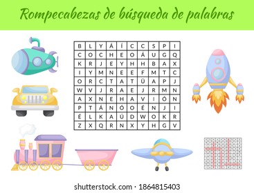 Rompecabezas de búsqueda de palabras - Word search puzzle. Educational game for study Spanish words. Kids activity worksheet colorful printable version with answers. Vector stock illustration
