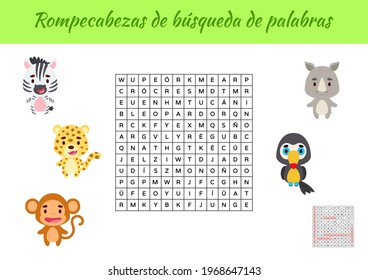 Rompecabezas de búsqueda de palabras - Word search puzzle. Educational game for study Spanish words. Kids activity worksheet colorful printable version with answers. Vector stock illustration