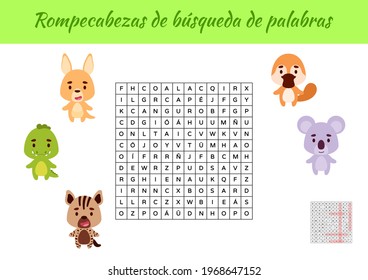Rompecabezas de búsqueda de palabras - Word search puzzle. Educational game for study Spanish words. Kids activity worksheet colorful printable version with answers. Vector stock illustration