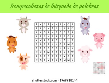 Rompecabezas de búsqueda de palabras - Word search puzzle. Educational game for study Spanish words. Kids activity worksheet colorful printable version with answers. Vector stock illustration