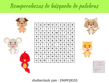 Rompecabezas de búsqueda de palabras - Word search puzzle. Educational game for study Spanish words. Kids activity worksheet colorful printable version with answers. Vector stock illustration