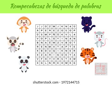 Rompecabezas de búsqueda de palabras - Word search puzzle. Educational game for study Spanish words. Kids activity worksheet colorful printable version with answers. Vector stock illustration