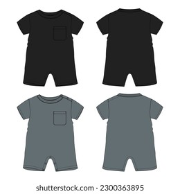 Romper bodysuit technical drawing fashion flat sketch vector illustration black and grey color template for kids isolated on white background.