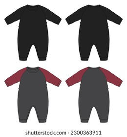 Romper bodysuit technical drawing fashion flat sketch vector illustration black and grey color template for kids isolated on white background.