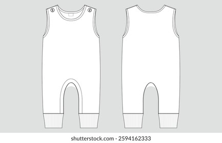 Romper bodysuit technical drawing fashion flat sketch vector illustration template front and back views for kids.