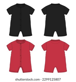 Romper bodysuit technical fashion flat sketch drawing vector illustration   Black and red color template for kids isolated on white background