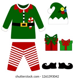 Romper suit. Christmas costume for children. Christmas elf costume. For girls and boys. Vector illustration.