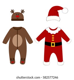 Romper suit. Christmas costumes for children. Dressed as Santa and Christmas deer. For girls and boys. Vector illustration.