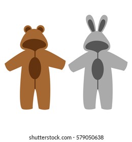 Romper suit. Rompers with ears. Rompers, bunny and bear. For girls and boys. Vector illustration.