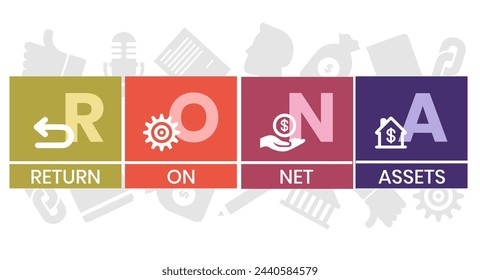 RONA Return On Net Assets Akronym. Geschäftskonzept Hintergrund. Vektor-Illustration Konzept mit Schlüsselwörtern und Icons. Schriftzug-Illustration mit Icons für Web-Banner.