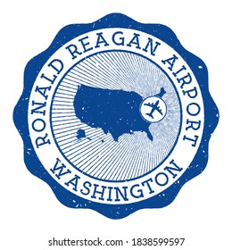 Ronald Reagan Airport Washington stamp. Airport of Washington round logo with location on United States map marked by airplane. Vector illustration.