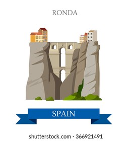 Ronda Bridge over El Tajo Canyon in Malaga Andalusia Spain. Flat cartoon style historic sight attraction web vector illustration. World countries cities vacation travel sightseeing collection.