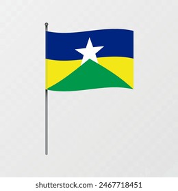 Bandera de Rondonia en asta de bandera. Ilustración vectorial.