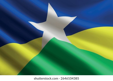 Bandeira de Rondônia acenando ao vento, textura de seda detalhada e realista. Estado do Brasil