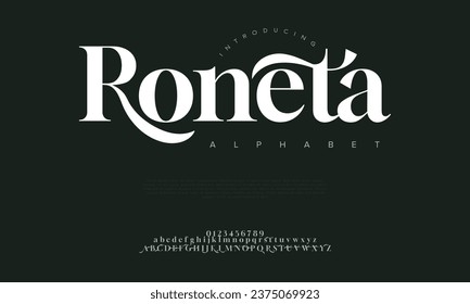 Roneta premium luxury elegant alphabet letters and numbers. Elegant wedding typography classic serif font decorative vintage retro. Creative vector illustration