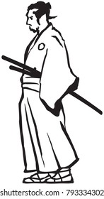 Ronin, Japanese Samurai Engraver style black white vector drawing