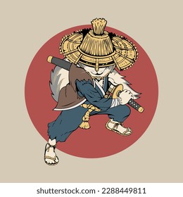 Ronin Puss or Ronin Neko vector illustration. a Funny Samurai Puss holding his Cat-ana ready to make some cat-asthrope
can be used as poster. wallpaper, tshirt print, or any other purpose.