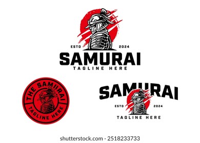 ronin, samurai, ninja, warrior with armor, helmet and red scratch sun background logo design illustration collection with retro and badge style for gaming, sport club mascot and merchandise designs