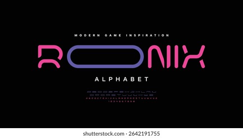 Ronix: A rounded modern font with pop-futuristic vibes. Perfect for colorful logos, neon branding and Gen Z designs. Includes A to Z and number. Vector illustration