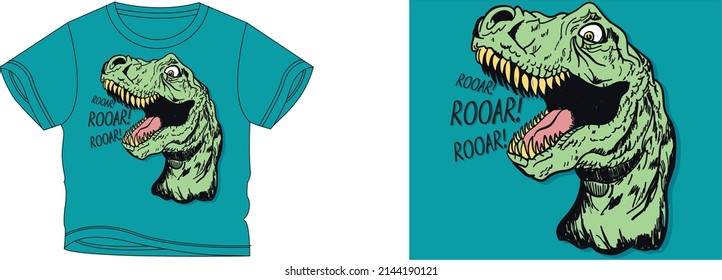 rooar roooar rooar t-rex t-shirt design background color is a blue-green and t-shirt color is a blue-green beautiful color and beautiful design