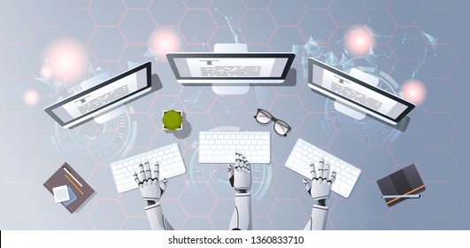 roobot copywriter writing article typing text document copywriting concept robotic character at workplace using computer monitor top angle view flat horizontal